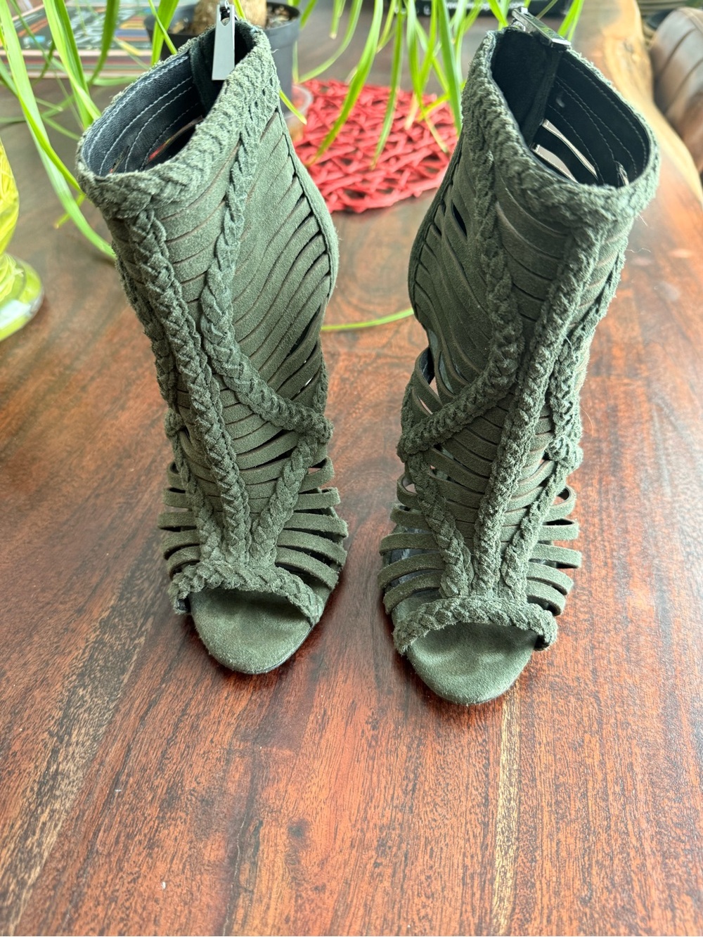 Schutz Olive Green Braided Strappy High Heel Sandals